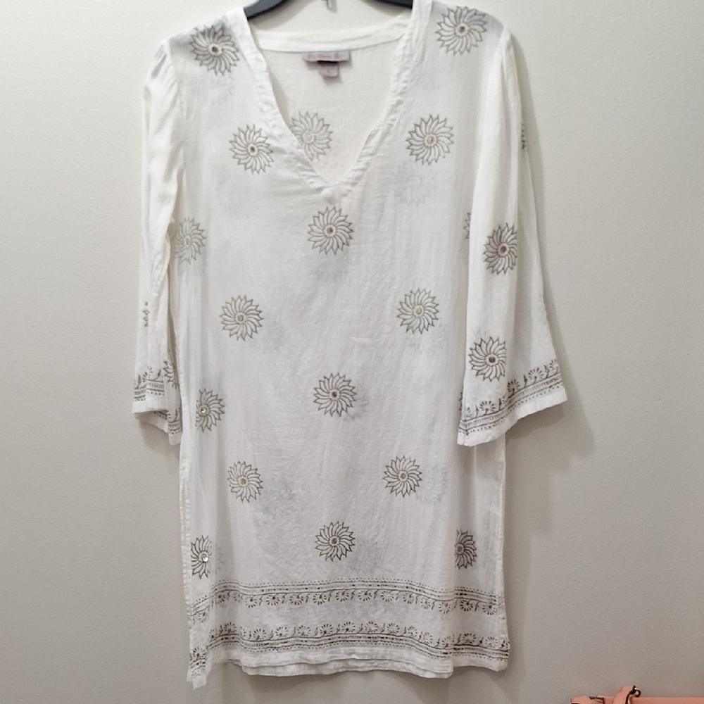 White Floral Embroidered Women's Swim Cover Size S